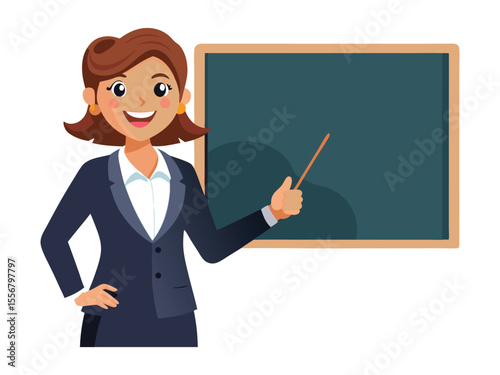 Smiling female teacher in a suit holding a pointer stick and gesturing towards a blank blackboard isolated on white background
