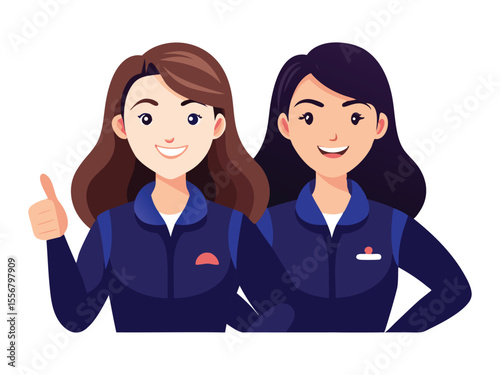Two smiling women in uniform giving a thumbs up gesture with positive expressions isolated on white background

