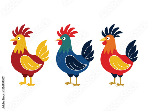 Three colorful cartoon roosters standing side by side with bright plumage and distinctive crests isolated on white background
