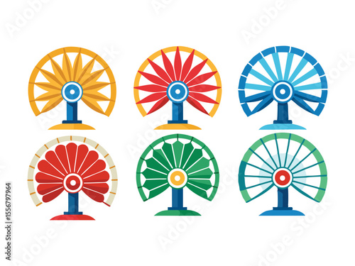 Collection of six colorful stylized ferris wheel designs with unique spokes and bases isolated on white background
