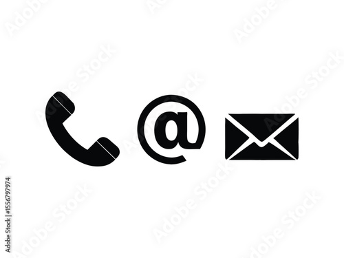 Three classic black communication icons representing telephone email and mail services isolated on white background
