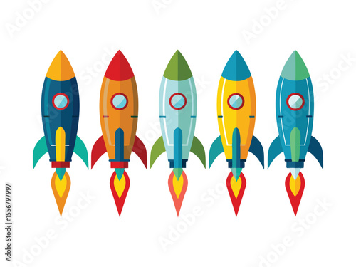 Five colorful cartoon rockets with flames launching upwards in a row isolated on white background
