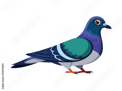 A stylized cartoon pigeon with blue and green plumage stands alertly on its orange feet isolated on white background
