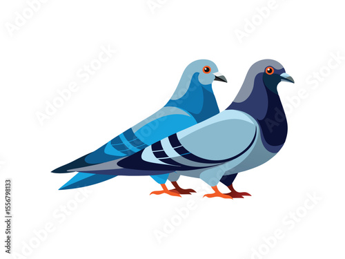 Two stylized blue pigeons with orange eyes standing side by side in profile view isolated on white background

