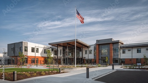 Modern School Building with American Flag