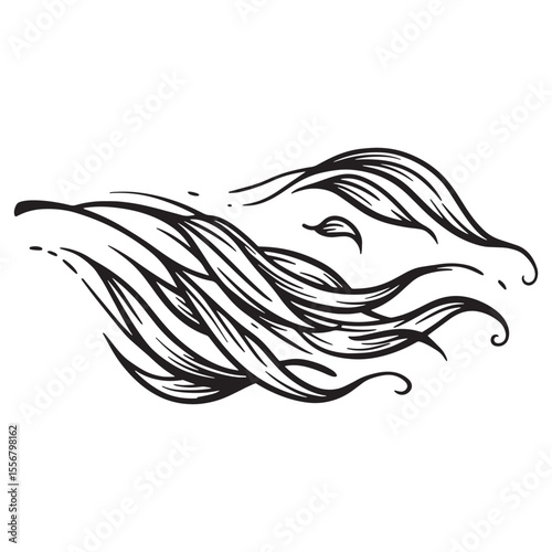 Elegant hand drawn illustration of flowing hair in black and white minimalistic style