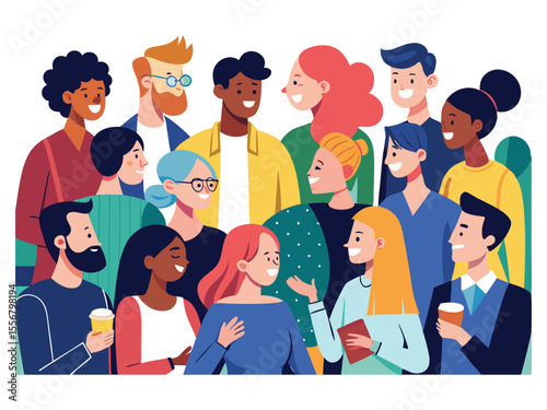 Diverse group of smiling people standing together in a crowd communicating and interacting isolated on white background
