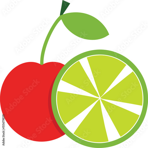 Lime slice and whole cherry on transparent background