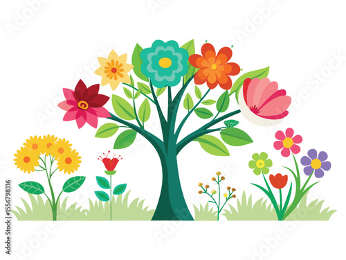 Vibrant cartoon tree with colorful blooming flowers and green grass in a whimsical garden setting isolated on white background
