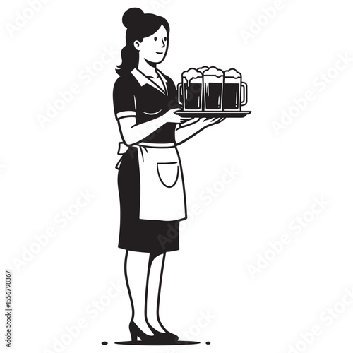 Female server carrying a tray of beer mugs in classic black and white illustration