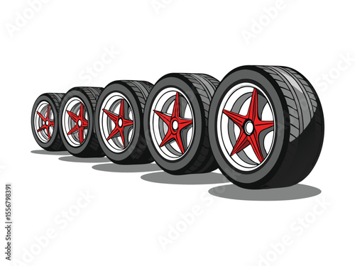 A row of five performance car wheels with red five spoke rims and tire treads isolated on white background
