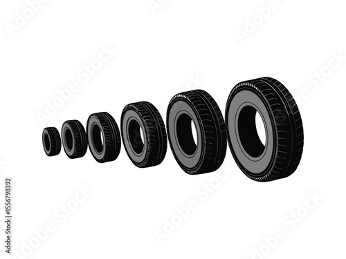 A row of six car tires of increasing size arranged diagonally on a clean white background isolated on white background
