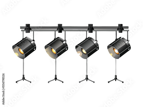 Four black studio spotlights mounted on a horizontal bar with stands illuminated and isolated on white background
