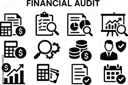 Financial Audit Icons Set Vector Illustration with Calculator, Checklist, Graph, and Magnifying Glass Symbols