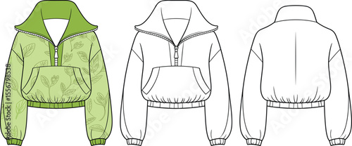 Stylish Green Leaf Patterned Women's Pullover Hoodie with Zipper and Kangaroo Pocket, Trendy Fashion Design Apparel for Comfort and Casual Wear, Spring Autumn Collection.