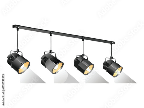 Four modern black adjustable track lighting fixtures with warm yellow light beams casting shadows isolated on white background
