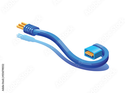 A single blue ethernet network cable with gold connectors and a distinct shadow isolated on white background
