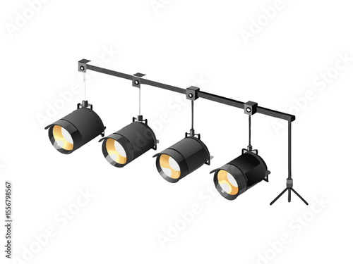 Four modern black stage spotlights with bright yellow beams of light suspended from a metal bar isolated on white background

