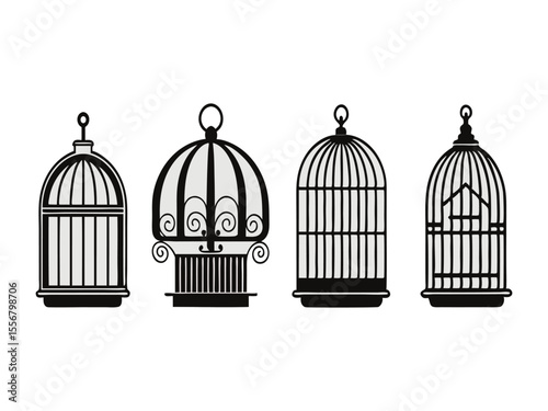 Collection of four decorative vintage style bird cages with ornate details isolated on white background
