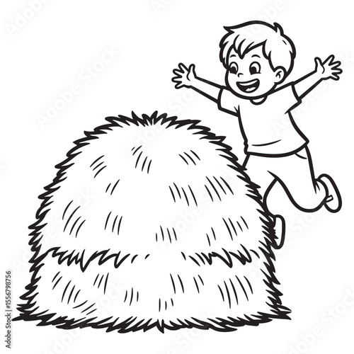 Happy cartoon boy jumping with joy near a large hay bale in black and white