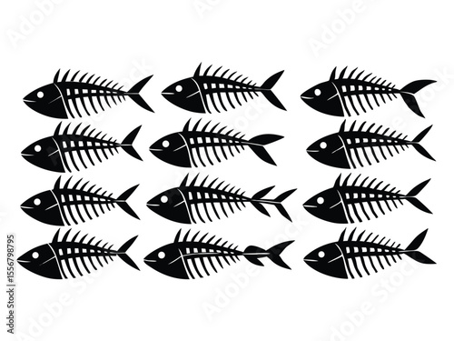 A repeating pattern of black fish skeletons with visible ribs and fins arranged in a grid on a white background isolated on white background
