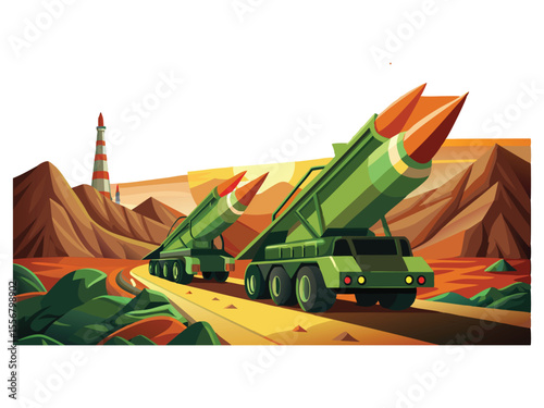 Two military missile launchers with orange tipped rockets drive along a road in a desert landscape with a lighthouse isolated on white background
