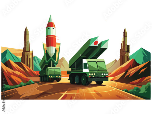 Stylized illustration of two military missile launchers with a rocket and launch tubes in a desert landscape isolated on white background
