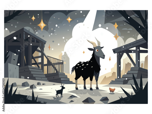 A stylized black goat with white spots stands in a snowy landscape with rustic wooden structures and a small chicken nearby isolated on white background
