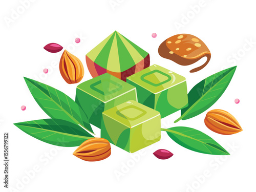 Vibrant illustration of assorted green sweets and nuts with fresh leaves and pink berries isolated on white background
