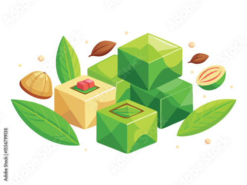 A delightful assortment of stylized green and beige cubes with red accents and scattered leaves and nuts isolated on white background
