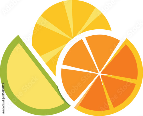Flat lemon and orange slices on transparent background