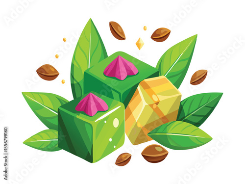 Vibrant green and yellow geometric candies adorned with pink toppings surrounded by fresh green leaves and scattered nuts isolated on white background
