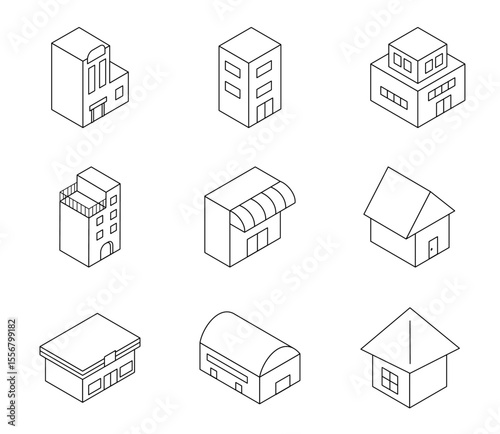 色々な建物のアイソメイラストセット　ベクター
