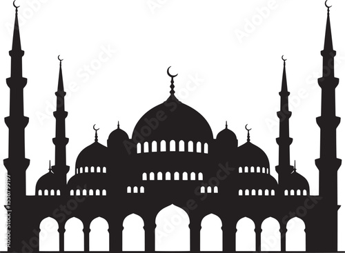 Black Silhouette Blue Mosque Islamic Architecture Minarets Domes Crescent Moons White Background vector