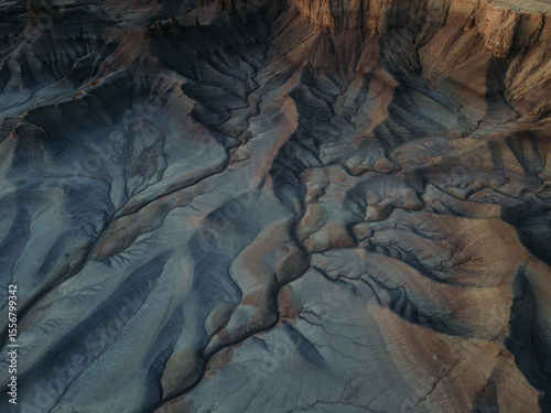 Aerial View of Abstract Desert Erosion Patterns and Alien Landscape
