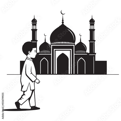 Silhouette of a boy walking towards a beautiful mosque islamic religious concept