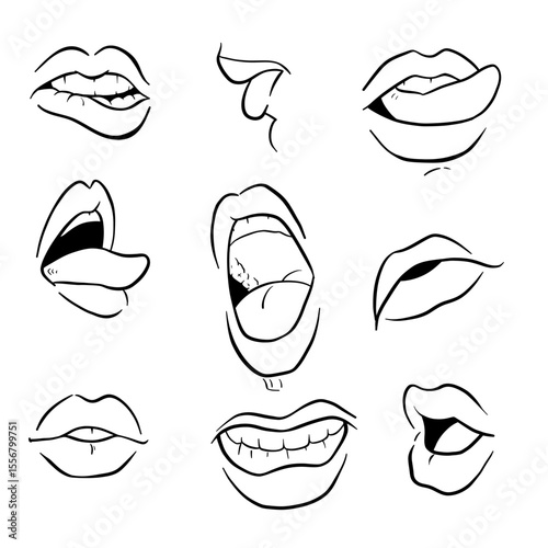 Black and White Vector Set of Expressive Mouth and Lips with Various Emotions and Tongue Gestures