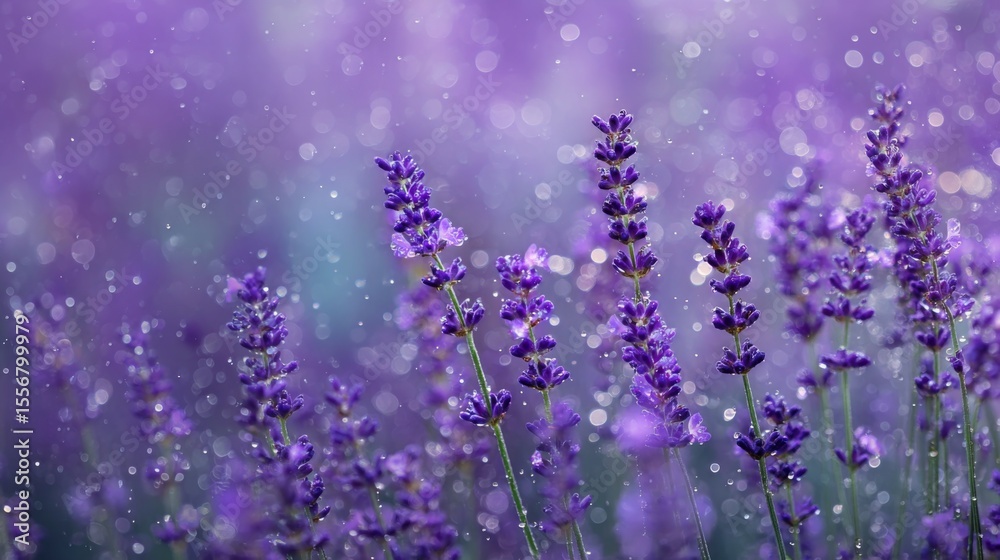 Fototapeta premium A captivating view of a field of lavender with raindrops on the blossoms, creating a dreamy and tranquil atmosphere with soft purple hues and fresh aromas.