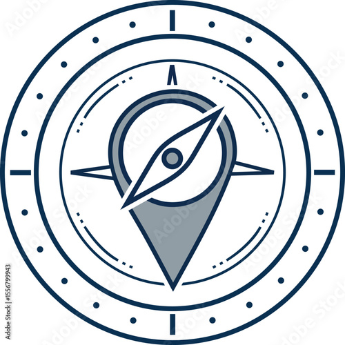 "Modern flat design of a compass inside a map pin icon, set against a peach circular background with sparkling stars. Represents travel, location, and navigation tools."