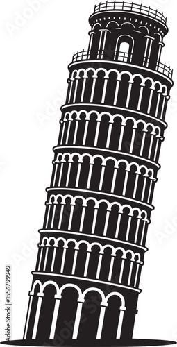 Black Silhouette Leaning Tower Pisa Architectural Illustration Monochrome Graphic Design Travel Italy Landmark