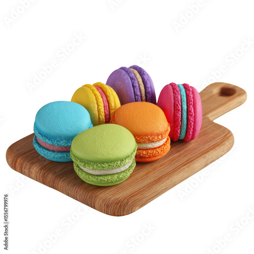 Cute colorful macaron png in 3d rednder on chopping block for modern dessert presentation.