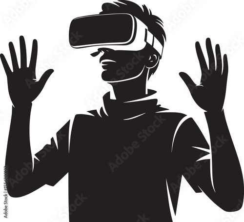 Black Silhouette Man Wearing V R Headset Hands Raised Experiencing Virtual Reality person male