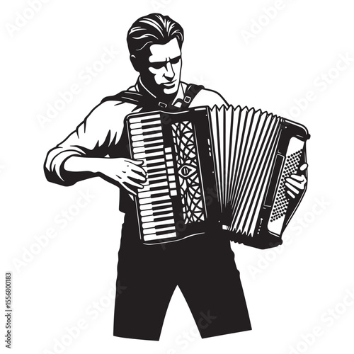 Stylish black and white illustration of a man playing a musical accordion instrument.