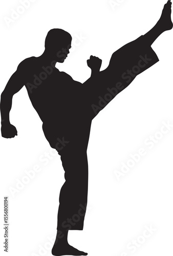 Black Silhouette Martial Artist High Kick Dynamic Pose Powerful Movement Action Shot vector