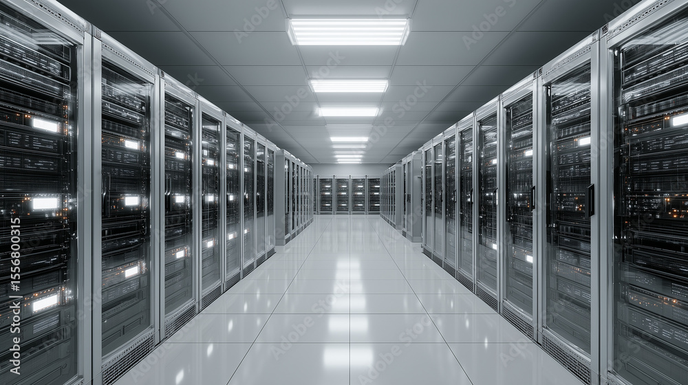 Fototapeta premium Bright minimalist server room with clean modern design, rows of network racks, data storage equipment, futuristic technology interior, efficient and professional atmosphere.