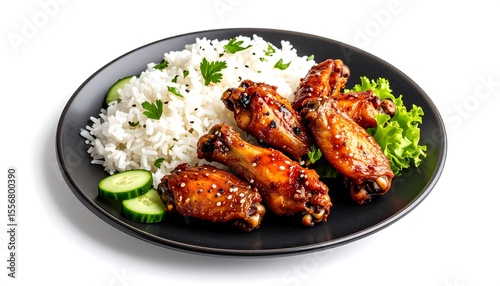 Grilled chicken wings with rice and cucumber