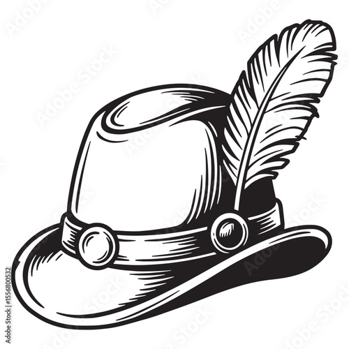 Traditional bavarian hunting hat with feather black and white illustration outline design element