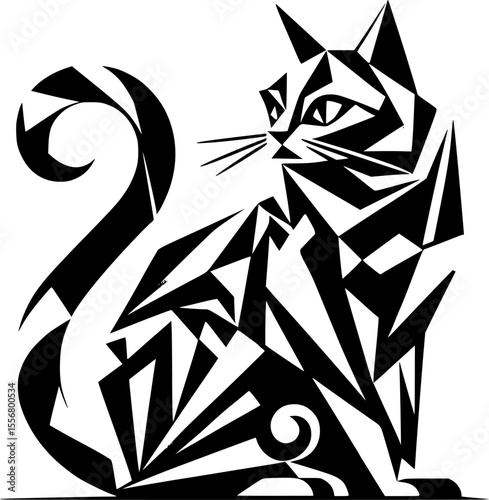 Geometric cat vector in modern cubism style, bold black and white abstract pattern
