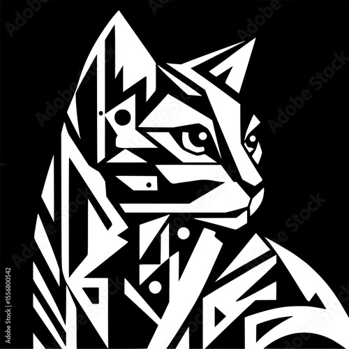 Geometric cat vector in modern cubism style, bold black and white abstract pattern