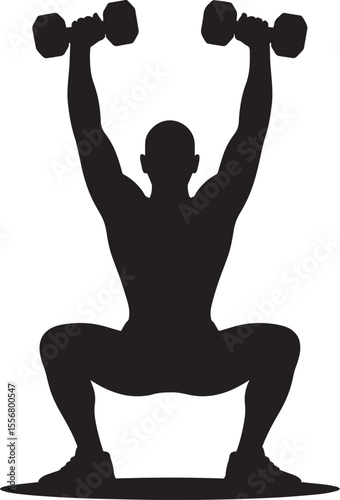 Black Silhouette Muscular Person Lifting Dumbbells Overhead Squat Position Fitness Workout Exercise Strength Training